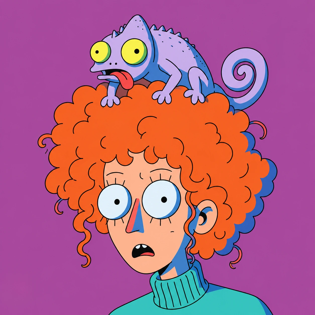 Curl, a startled curly-haired girl, with her lavender chameleon Camo perched on her hair